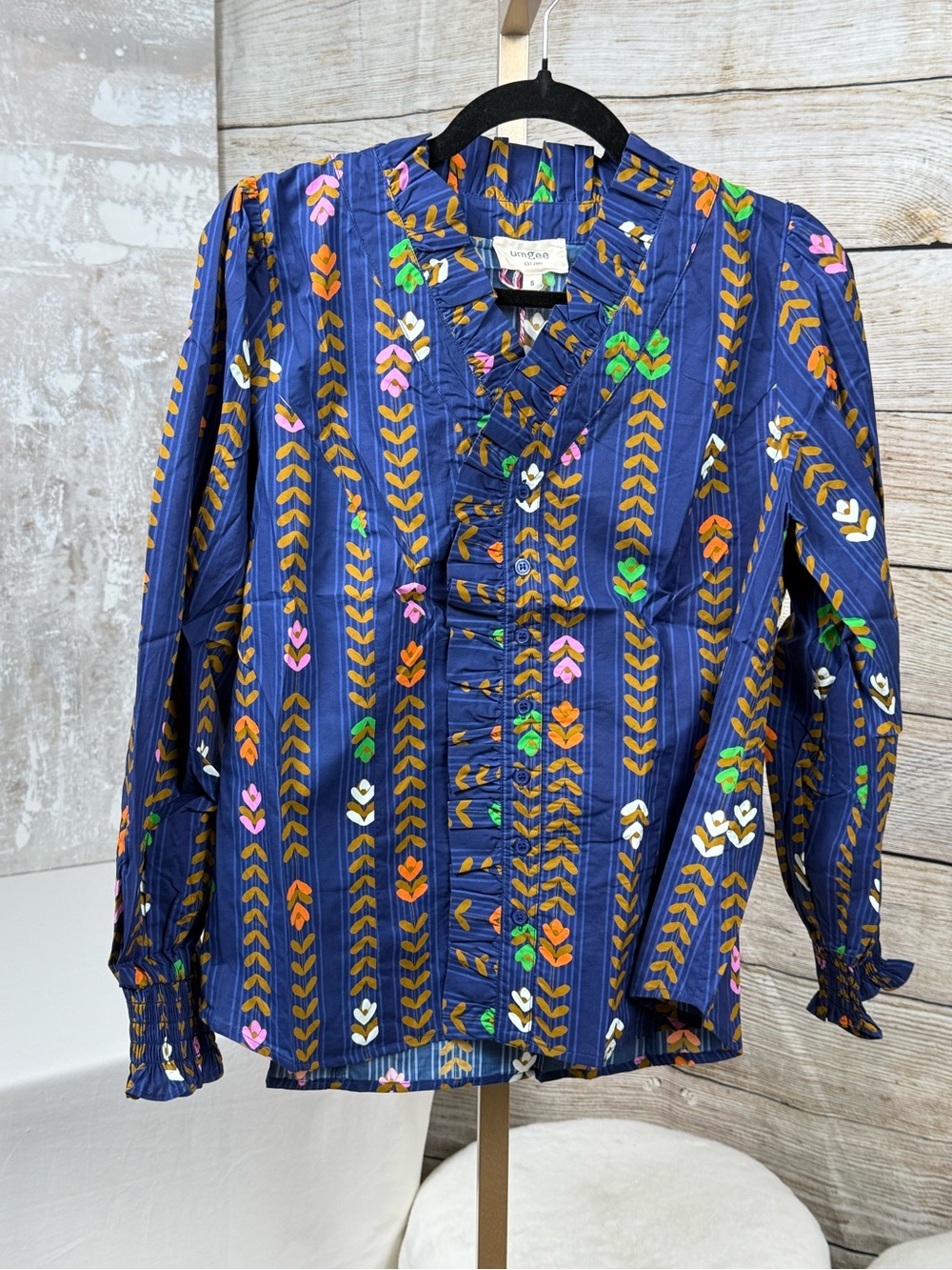 Umgee Midnight Mix Printed Blouse Ruffle V-Neck Boho Top NWT - Picture 7 of 9